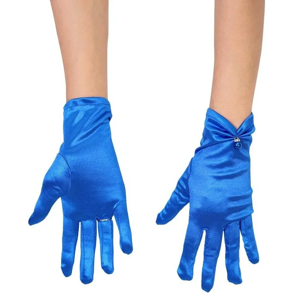 Women's Evening Blue-Satin Tulle Short Lace Gloves Wrist Wedding Bridal Party